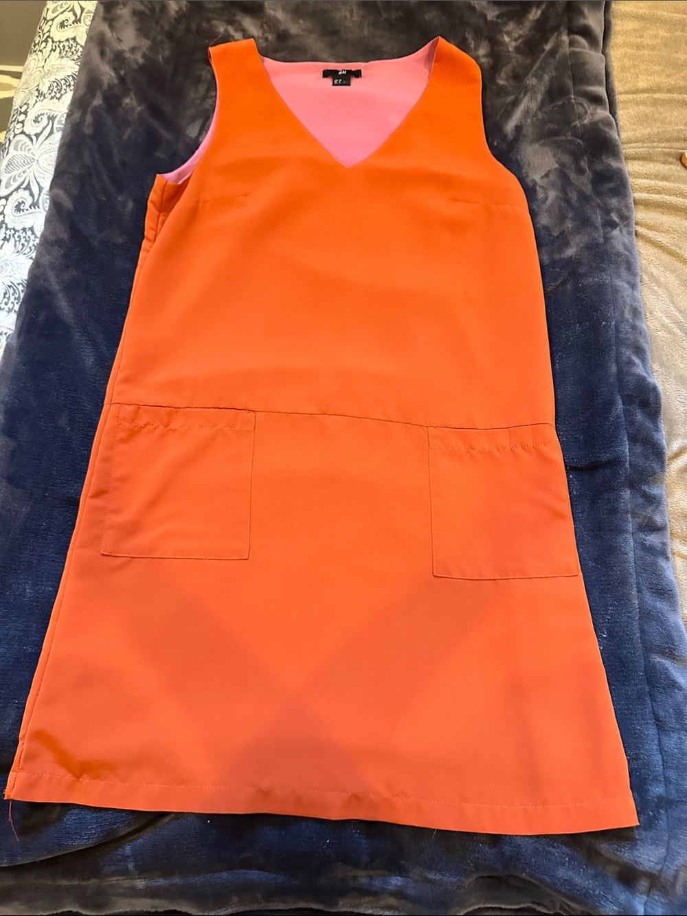 H&M Bright Orange Sleeveless V-Neck Shift Dress with Patch Pockets